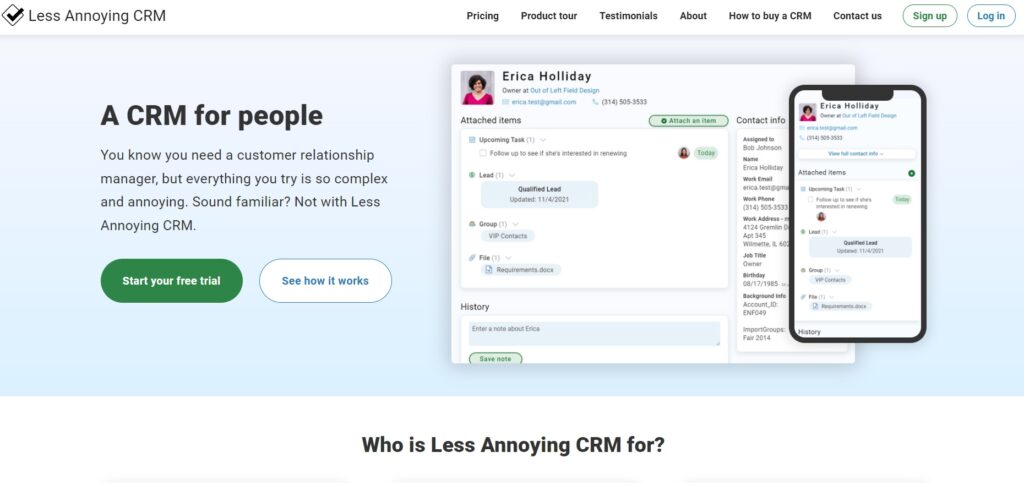 less_annoying_crm-homepage Página de incio de Less Annoying CRM