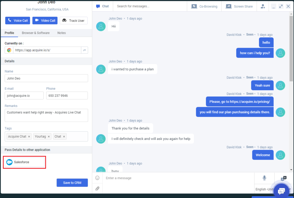 Vista de chat de acuire.io