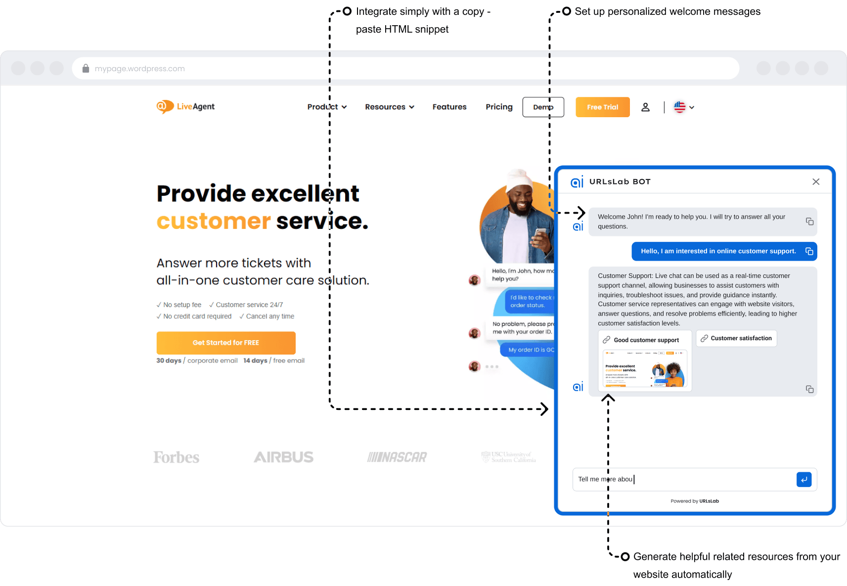Mockup de Chatbot IA de URLsLab