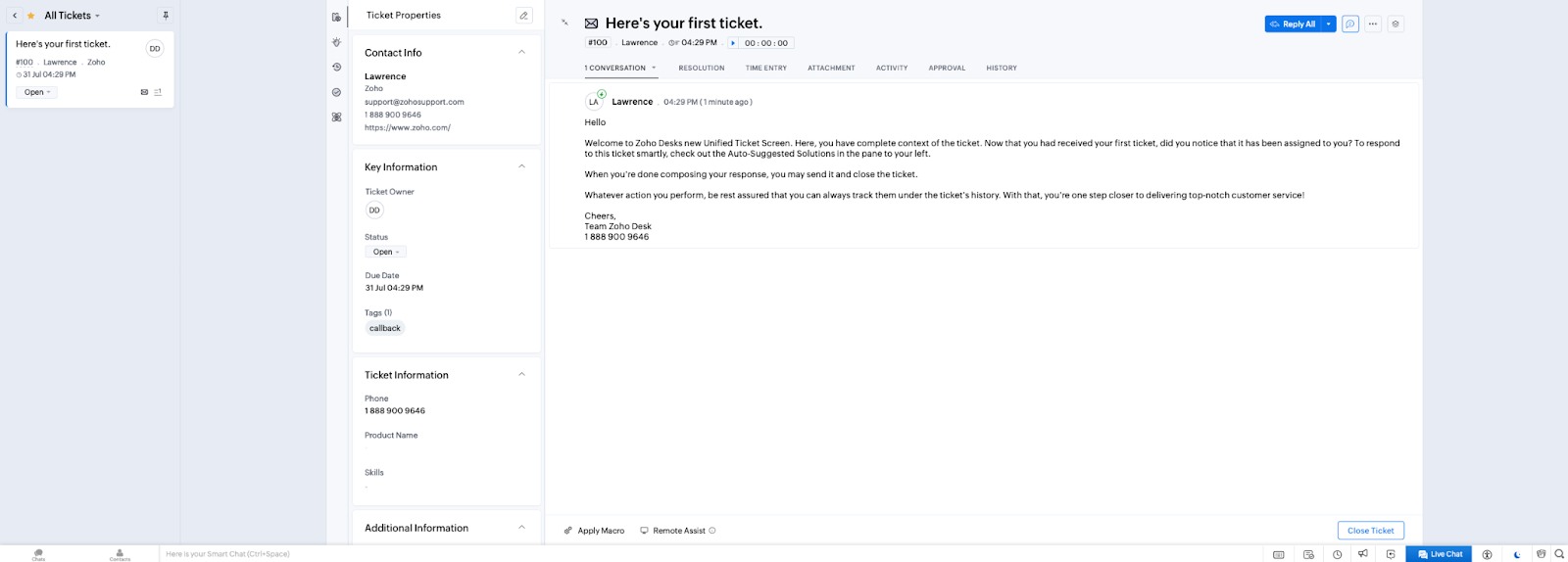 El entorno de tickets de Zoho Desk