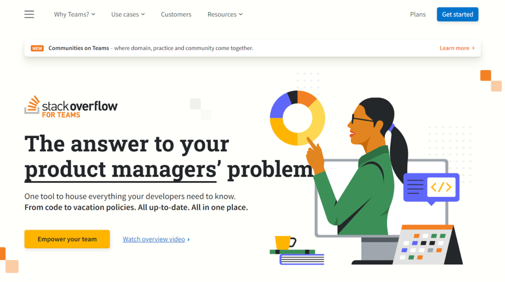 Página de inicio de Stack Overflow for Teams, ideal para sistemas de base de conocimiento.