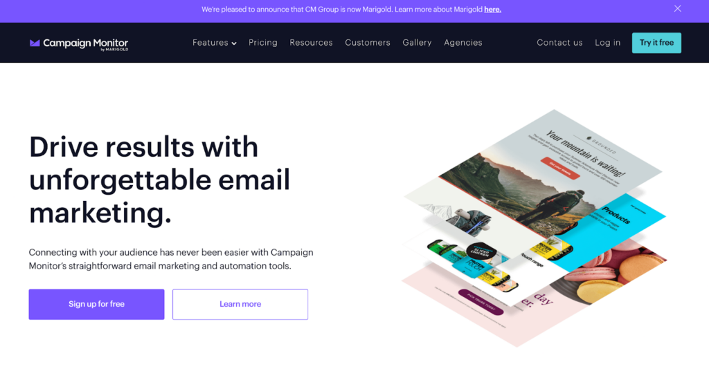 Página principal de Campaign Monitor, sistema eficiente de gestión de correo electrónico y marketing.