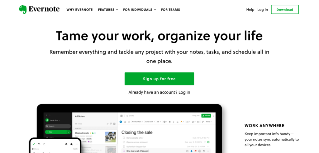Página de inicio de Evernote