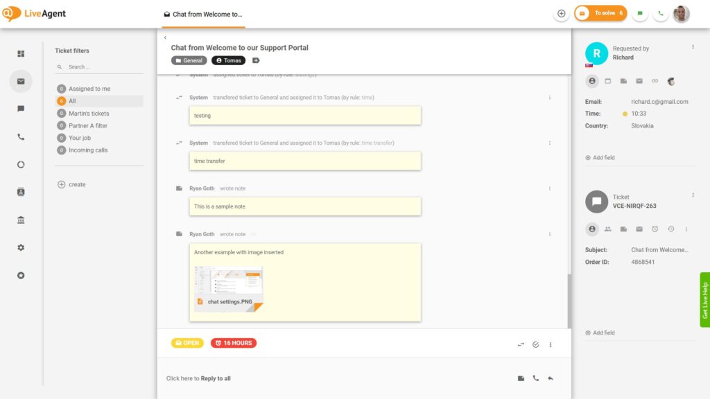Notas dentro del boleto en LiveAgent
