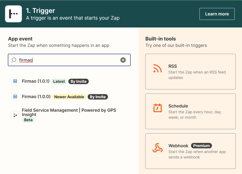 Una imagen que muestra cómo encontrar integraciones de Firmao en Zapier