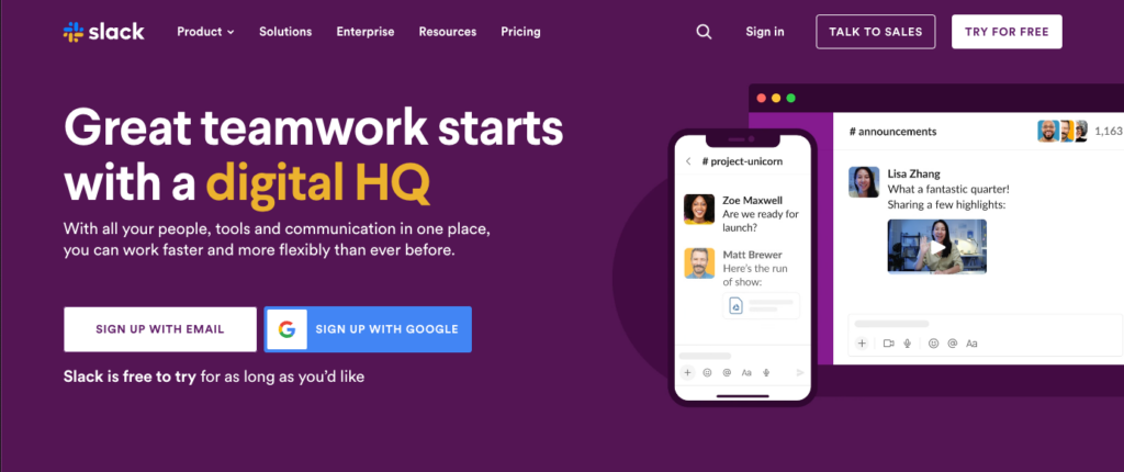 Página inicial de Slack