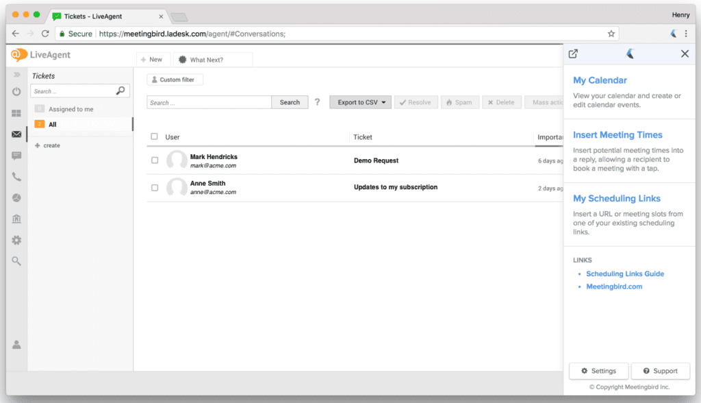extensión-menú-integración-Meetingbird menú de extensión Integración de LiveAgent Meetingbird