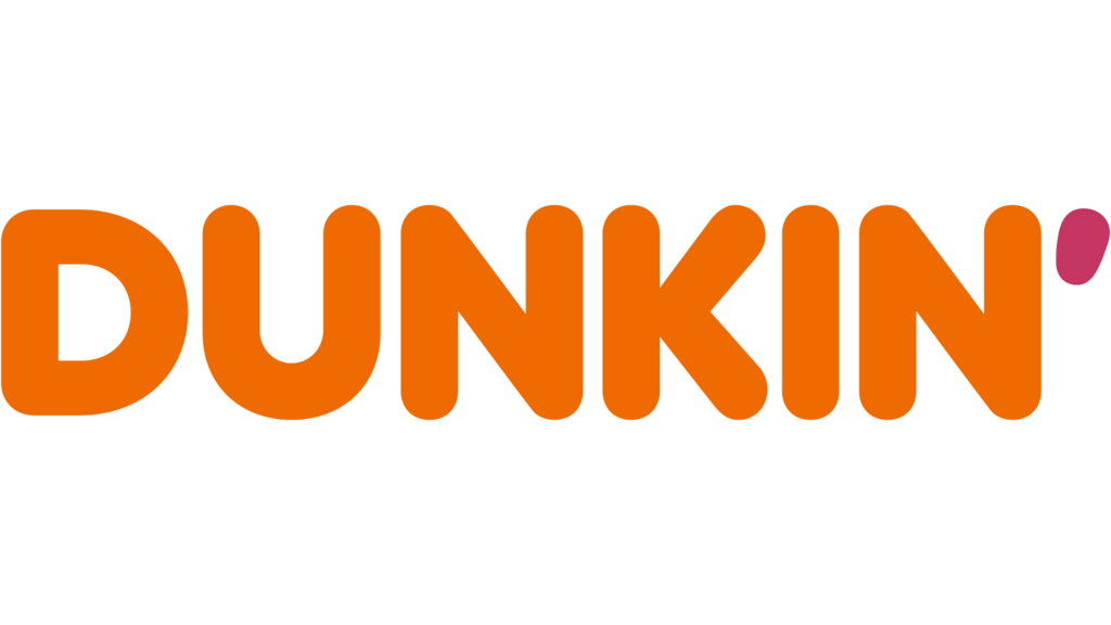 Logotipo de Dunkin', que presenta la palabra 'DUNKIN'' en letras naranjas llamativas con un apóstrofo rosa al final.