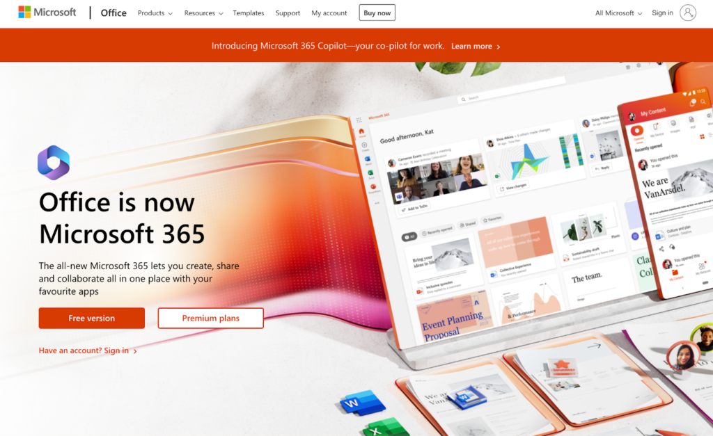 Página de inicio de Microsoft 365, software de gestión de correos electrónicos para empresas.