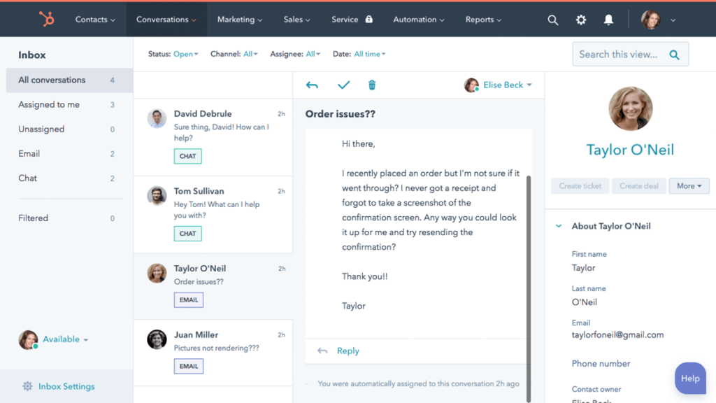 Bandeja de entrada de Hubspot live chat