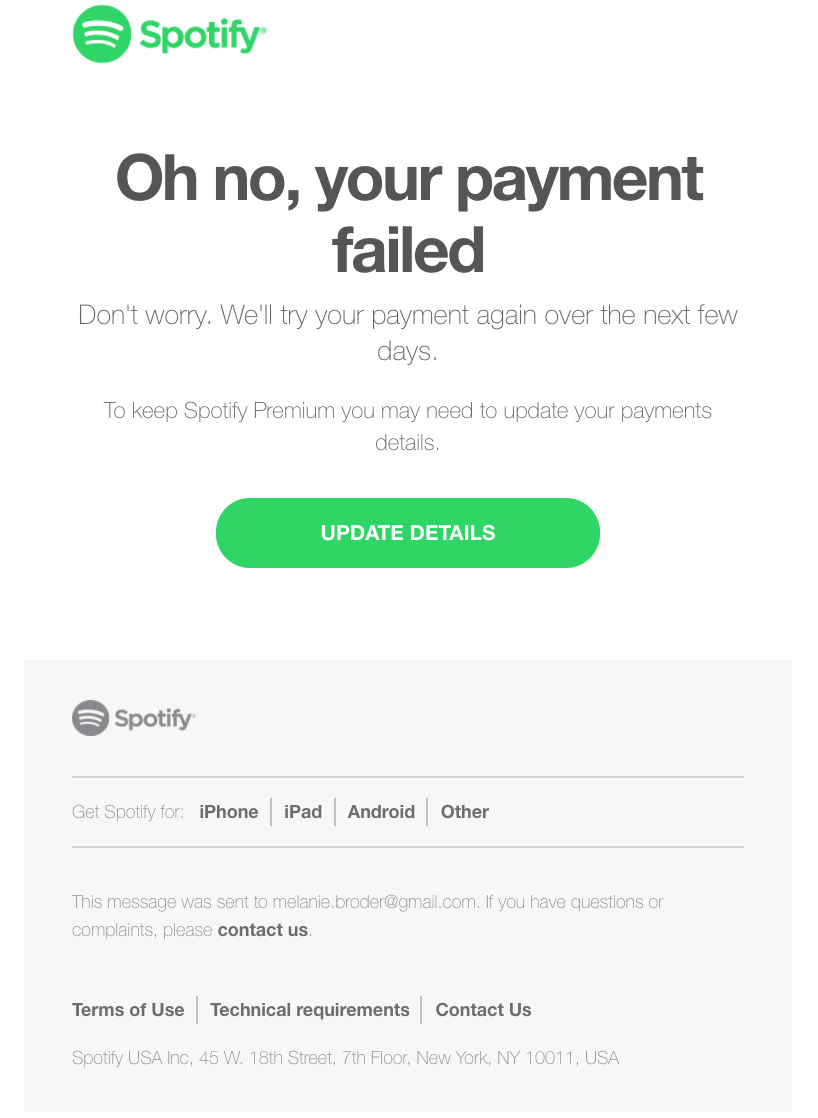 ejemplo de correo electrónico de reclamación de pago de Spotify
