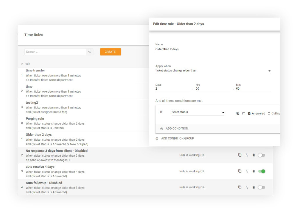 Captura de pantalla de la interfaz de LiveAgent para editar 'Reglas de tiempo' con diversas condiciones y configuraciones.