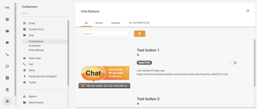 Sección del botón de chat en la configuración de LiveAgent