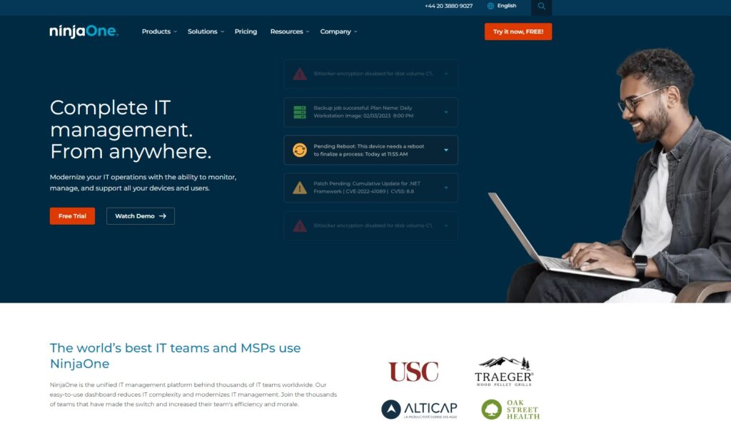 Página de inicio de NinjaOne, una alternativa de Solarwinds para monitoreo remoto
