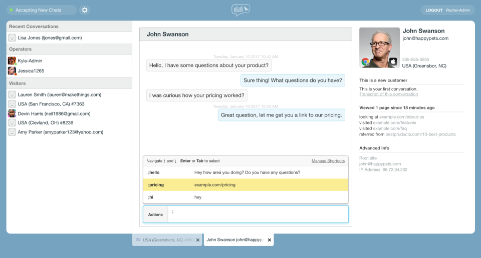 olark - Interfaz del chat en vivo con las conversaciones recientes