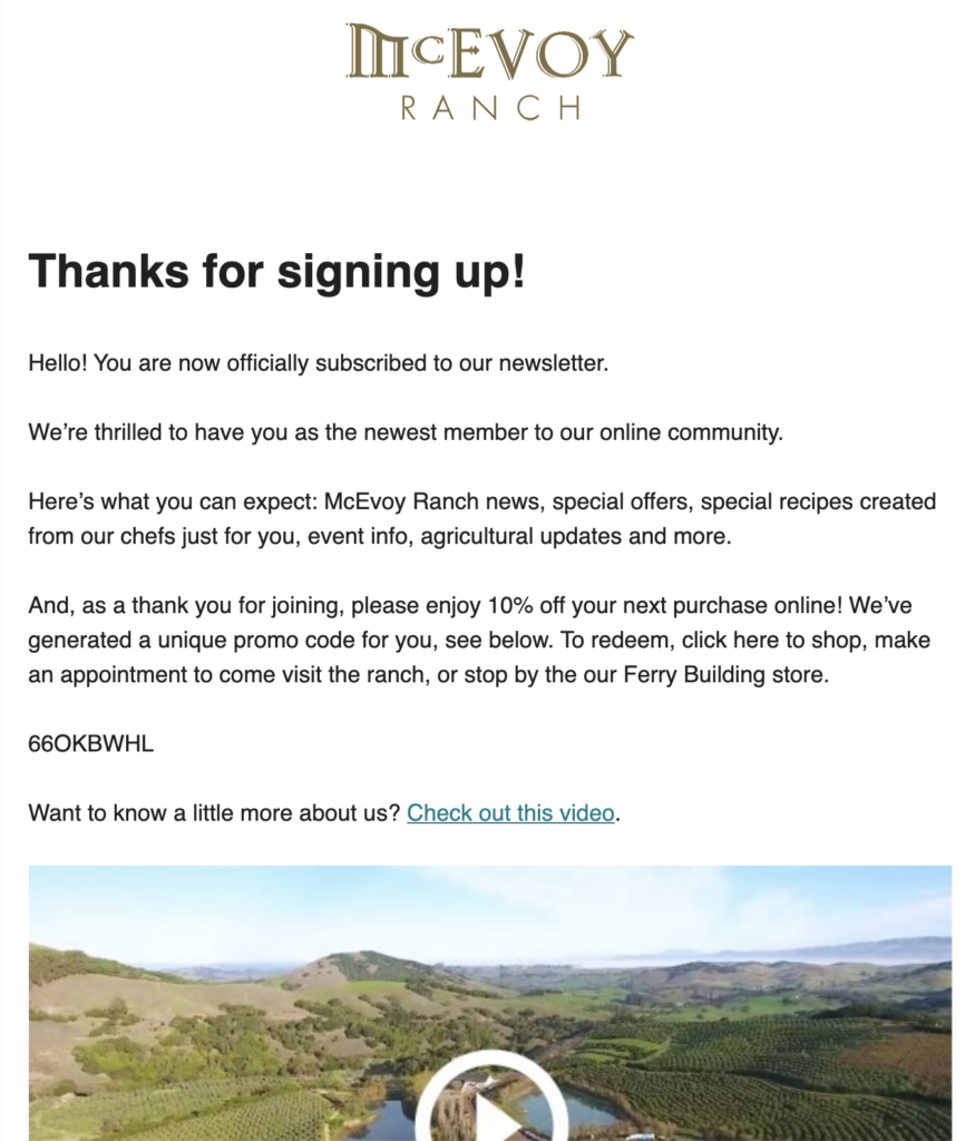 Un correo electrónico de suscripción al newsletter de McEvoy Ranch