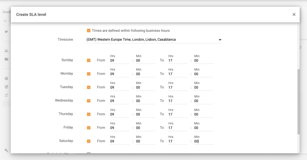 Ejemplo de horarios de atención de LiveAgent