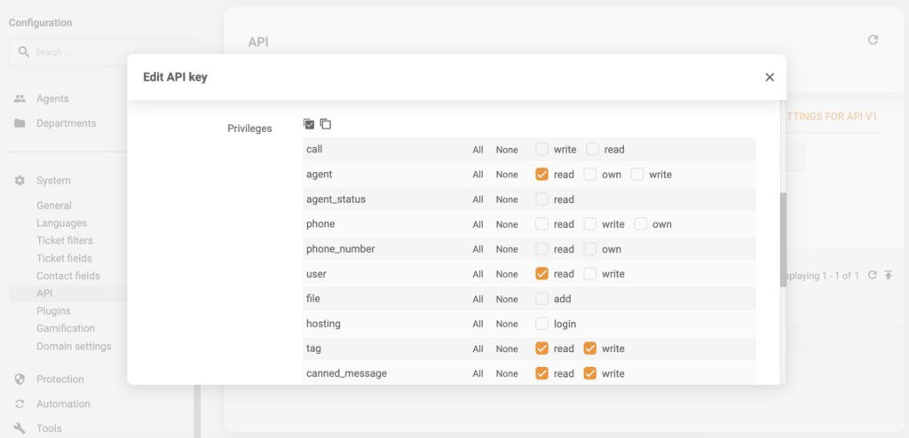 Una imagen que muestra cómo configurar correctamente una clave API para la integración con Onetone