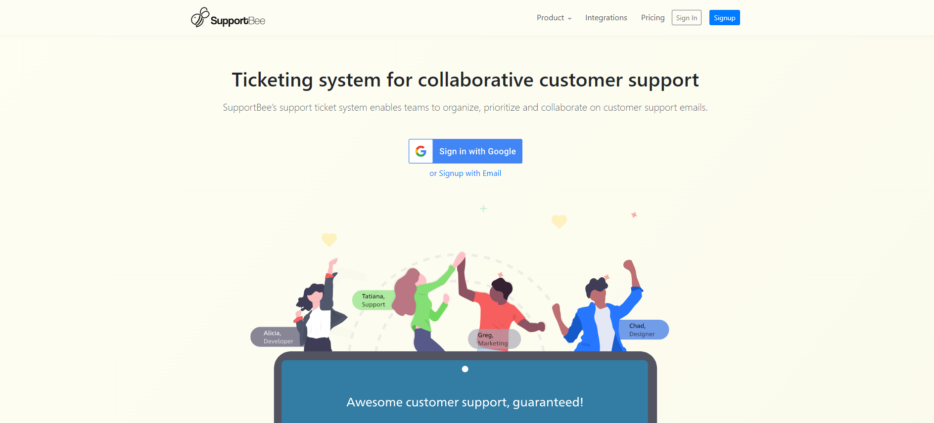 Página de inicio del sistema de tickets de soporte de TI Supportbee