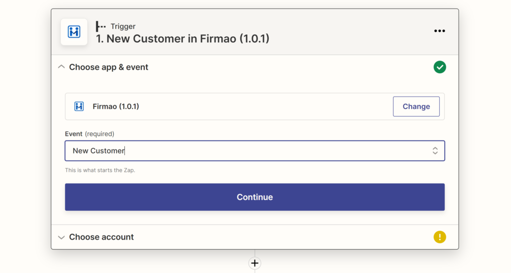 Una imagen que muestra la selección de un evento de Firmao durante la configuración de integración en Zapier
