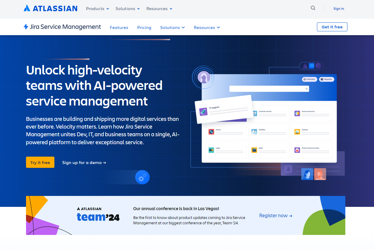 Página de inicio de Jira Service Management, una alternativa a Help Scout para software de help desk