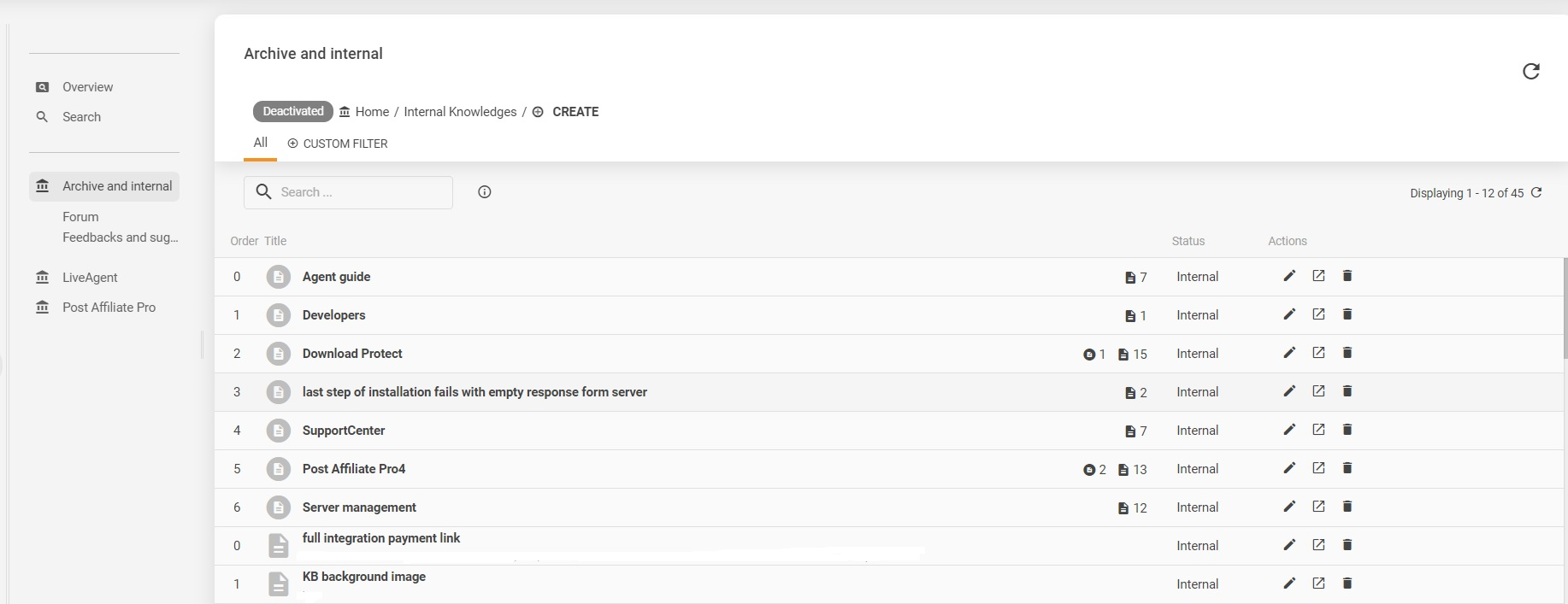 Ejemplo de la base de conocimientos interna de LiveAgent