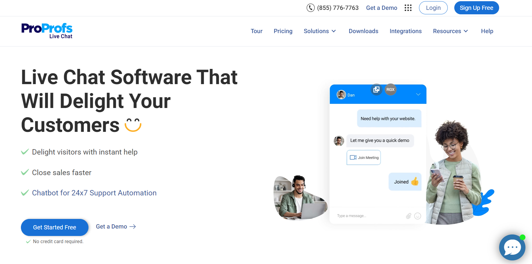Página de inicio de ProProfs Chat - software de chat en vivo para ecommerce orientado a la satisfacción del cliente