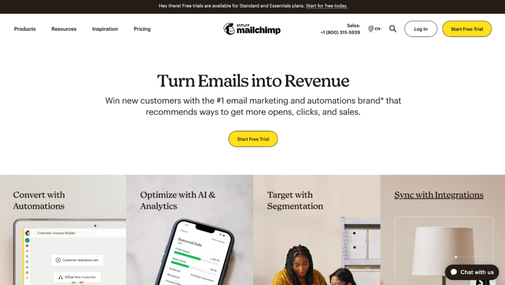 Página de inicio de Mailchimp - Alternativa a HubSpot para marketing por correo electrónico y boletines informativos