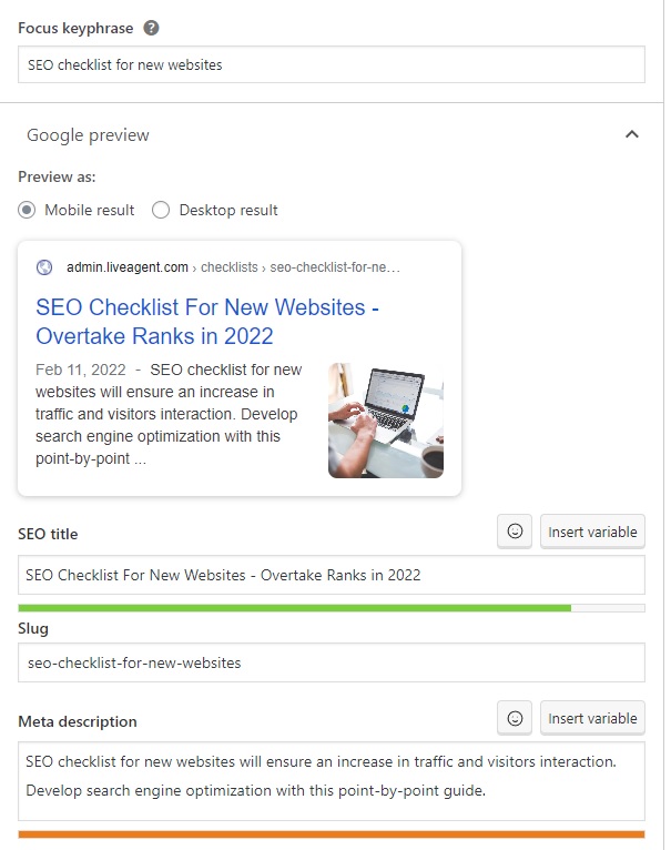 LiveAgent - ejemplo de frase clave, título SEO y descripción meta