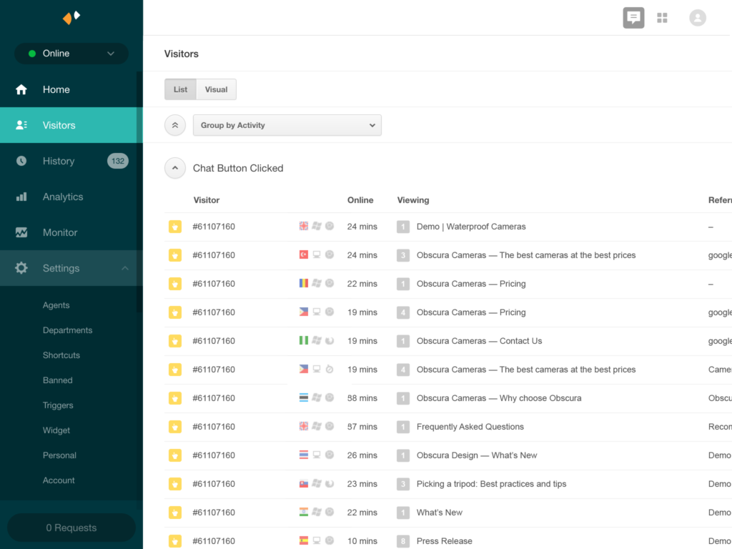 Zendesk Chat - configuraciones de los visitantes y vista general