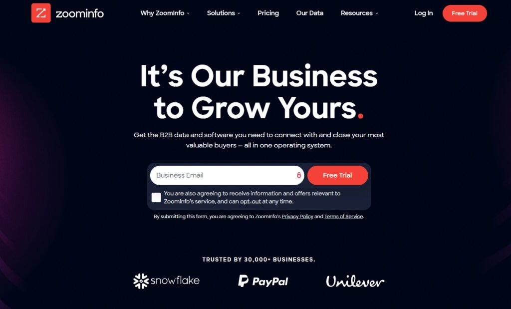 Página de inicio del software de servicio al cliente de ZoomInfo