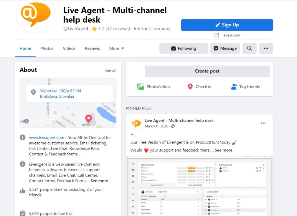 LiveAgent - página de inicio de Facebook