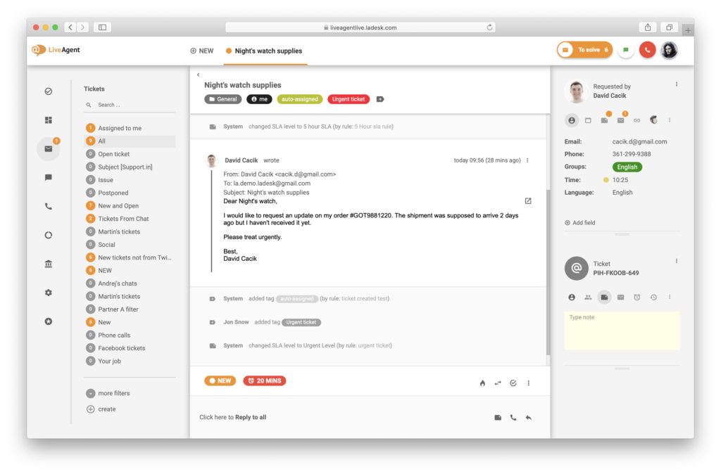 free support ticketing software - LiveAgent -ticket example