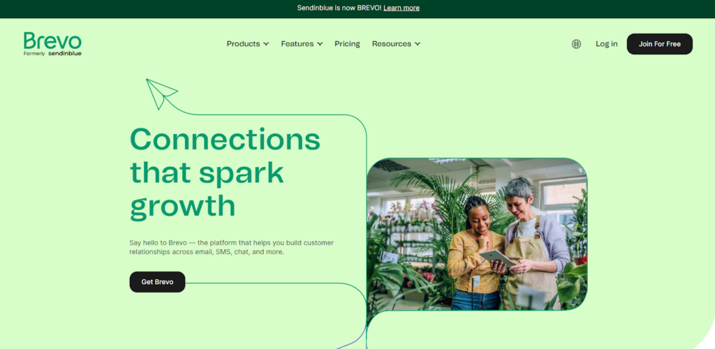 Página de inicio de Brevo, software de gestión de correo electrónico con funciones de marketing.