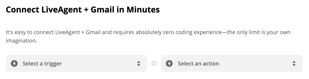 Selección de acción y gatillo de LiveAgent y Gmail