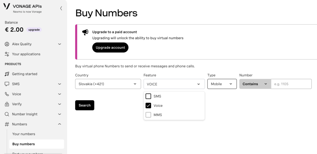 Comprar sección de número en el tablero de Vonage