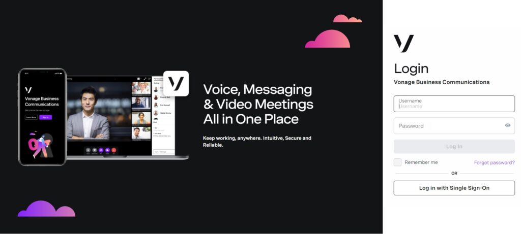 Página de inicio de comunicaciones empresariales de Vonage.