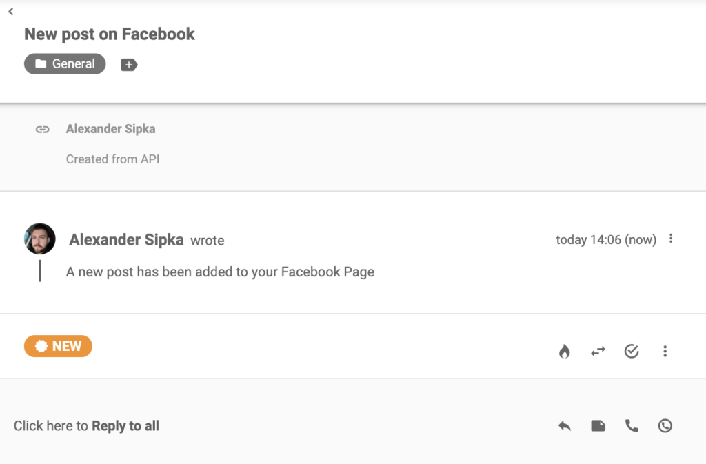 Notificación de Facebook que llegó a LiveAgent