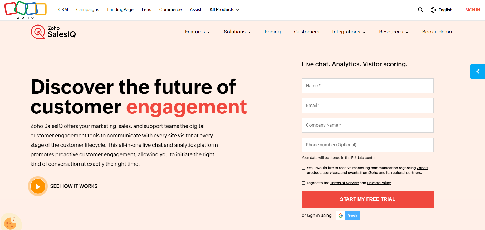 Página de inicio de Zoho SalesIQ - software de chat en vivo para el compromiso del cliente y ecommerce