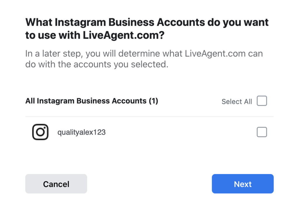 Selecciona las cuentas de Instagram que deseas incluir en la integración