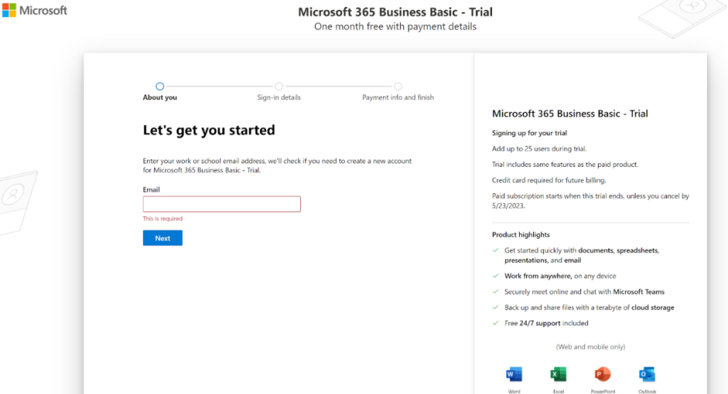 Proceso de registro de Microsoft365.