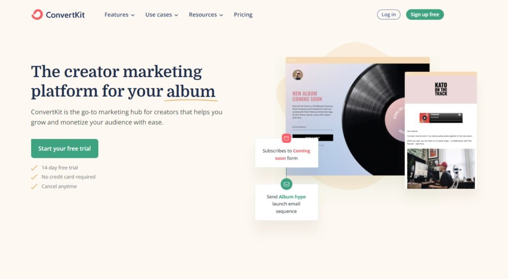 Página principal de ConvertKit, software de gestión de correo electrónico para creadores.