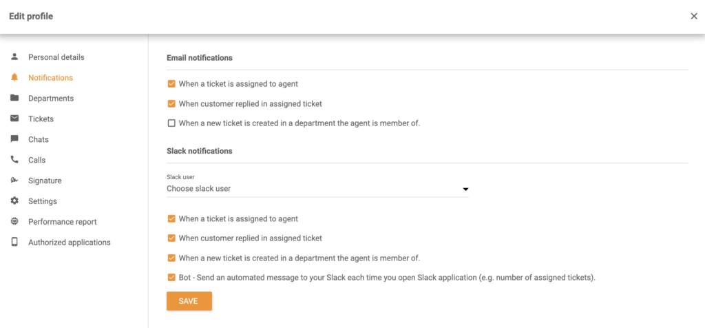 Las opciones de notificaciones de Slack en la sección Editar perfil