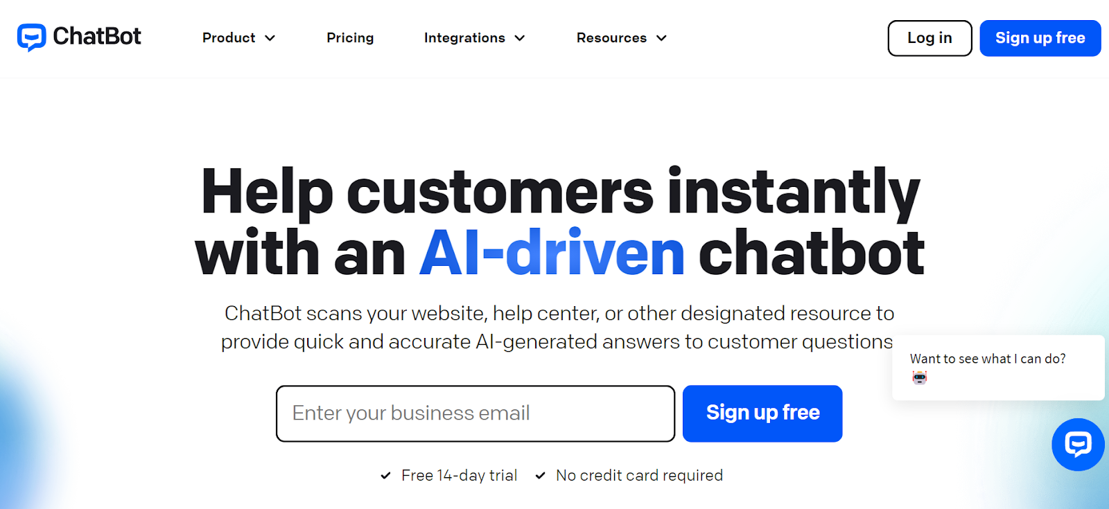 Captura de pantalla de la página de inicio de ChatBot - proporcionar respuestas generadas por IA con su potente chatbot