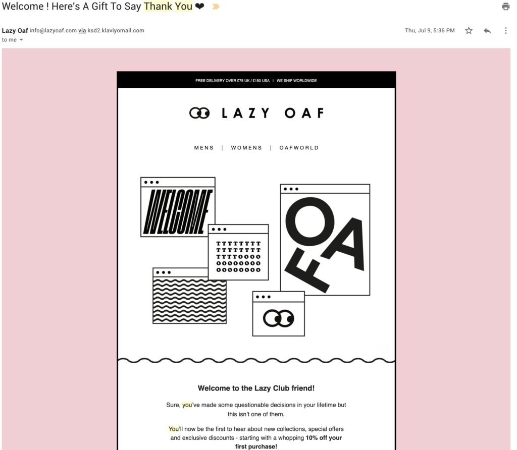 plantilla de correo de agradecimiento al cliente de  lazy oaf