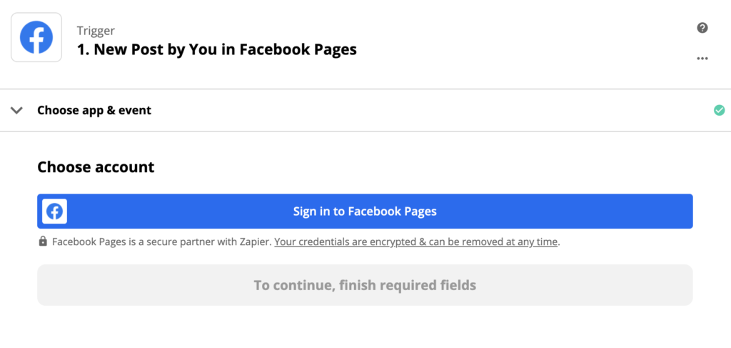 Ejemplo de configuración de disparador de Facebook