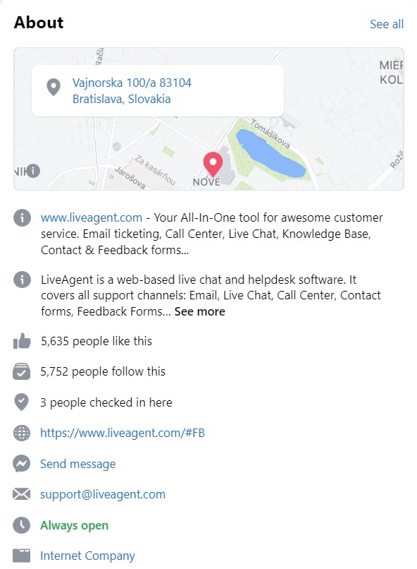 Biografía de LiveAgent en Facebook
