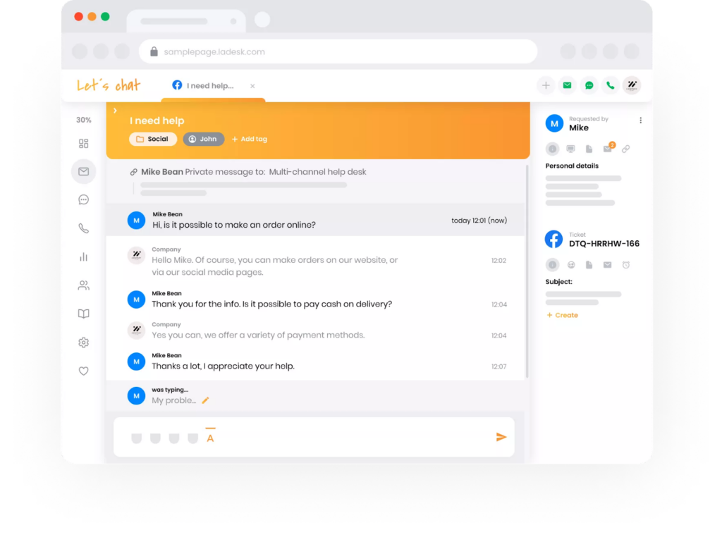 Interfaz de chat de atención al cliente de LiveAgent con una ventana de conversación y perfil de usuario