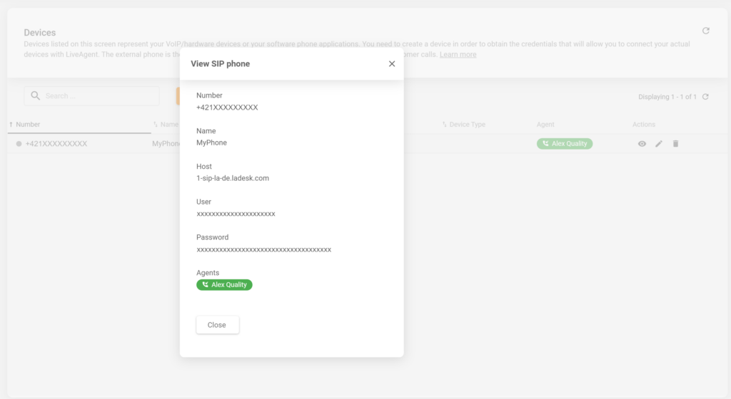 Una imagen que muestra detalles de un teléfono SIP recién creado en la configuración de LiveAgent.
