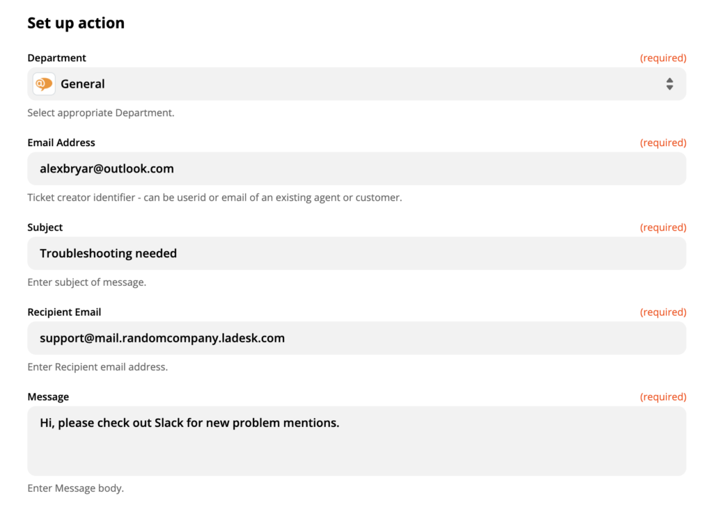 Muestra de una configuración de acción de LiveAgent en Zapier